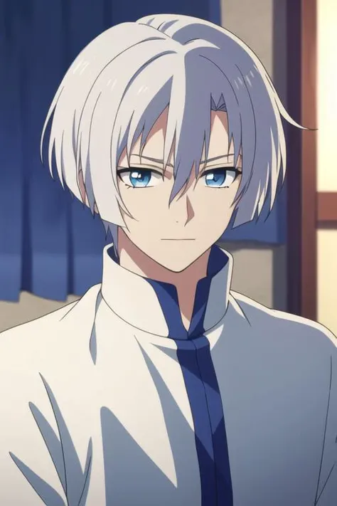 masterpiece, best quality, high quality, 1boy, solo, male focus, looking at viewer, upper body, <lora:ki-ja:0.74>, ki-ja, blue eyes, hair between eyes, bangs, white hair, <lora:animemix_v3_offset:0.95>