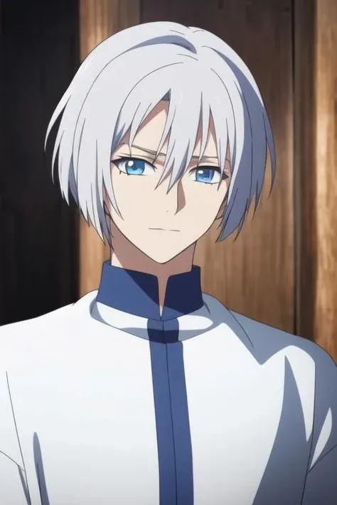 masterpiece, best quality, high quality, 1boy, solo, male focus, looking at viewer, upper body, <lora:ki-ja:0.80>, ki-ja, blue eyes, hair between eyes, bangs, white hair, <lora:Realism-10:0.30>, Realism
