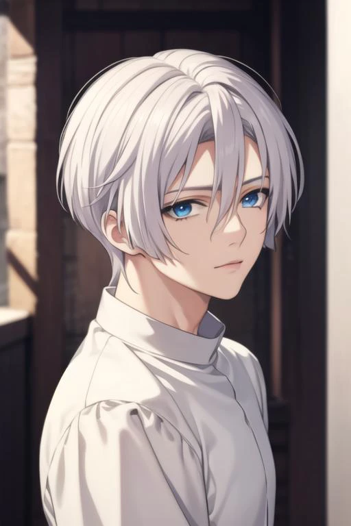 masterpiece, best quality, high quality, 1boy, solo, male focus, looking at viewer, upper body, <lora:ki-ja:0.70>, ki-ja, blue eyes, hair between eyes, bangs, white hair, <lora:Realism-10:0.15>, Realism
