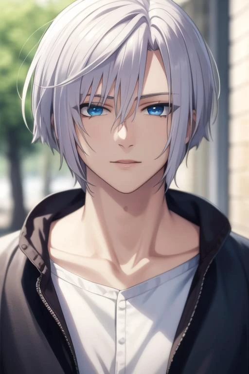 masterpiece, best quality, high quality, 1boy, solo, male focus, looking at viewer, upper body, <lora:ki-ja:0.84>, ki-ja, blue eyes, hair between eyes, bangs, white hair,