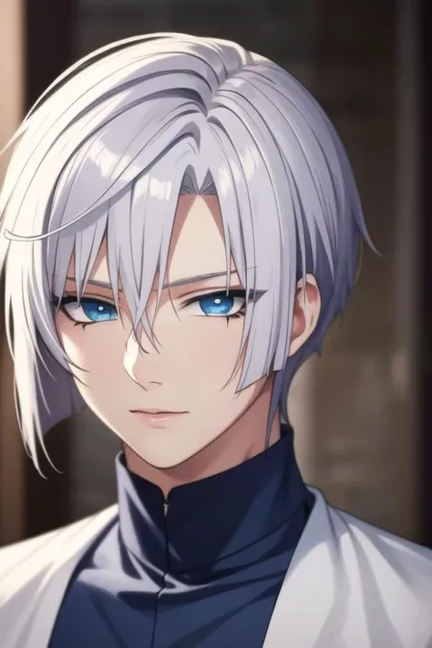 masterpiece, best quality, high quality, 1boy, solo, male focus, looking at viewer, upper body, <lora:ki-ja:0.72>, ki-ja, blue eyes, hair between eyes, bangs, white hair, <lora:Realism-10:0.30>, Realism