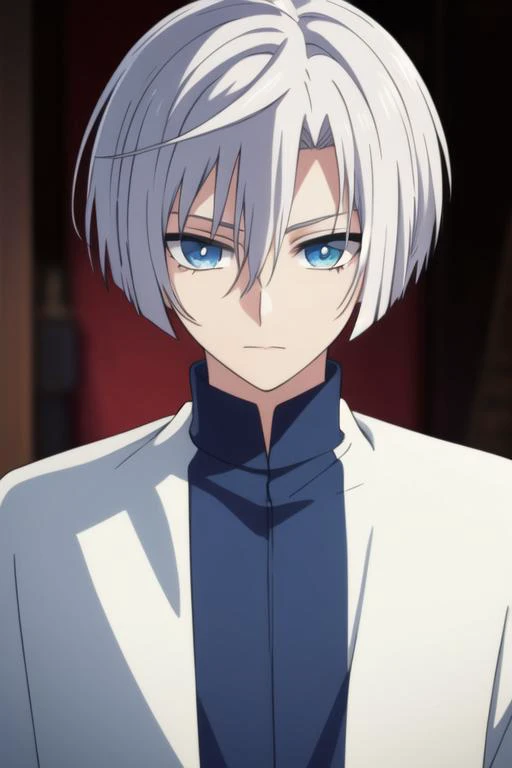 masterpiece, best quality, high quality, 1boy, solo, male focus, looking at viewer, upper body, <lora:ki-ja:0.80>, ki-ja, blue eyes, hair between eyes, bangs, white hair, <lora:animemix_v3_offset:0.40>