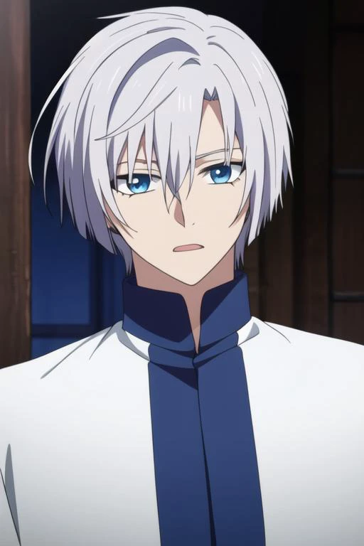 masterpiece, best quality, high quality, 1boy, solo, male focus, looking at viewer, upper body, <lora:ki-ja:0.72>, ki-ja, blue eyes, hair between eyes, bangs, white hair, <lora:animemix_v3_offset:0.90>