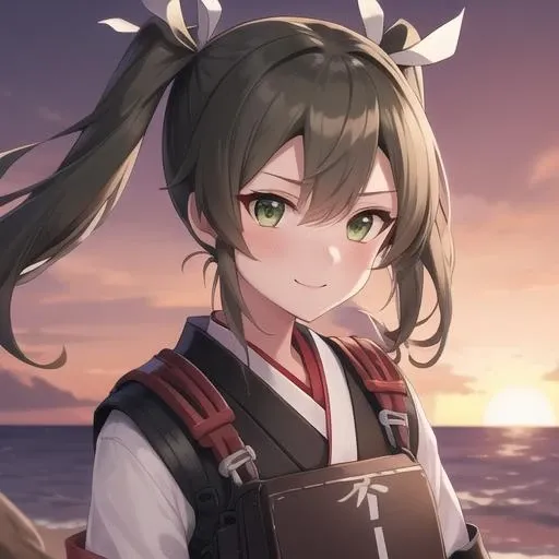 (masterpiece, best quality:1.2),illustration,8k,hd,beautiful purple sunset at beach,1girl,solo,upper body,(portrait:1.2),long_hair,twintails,ribbon,hair_ribbon,green_hair,green_eyes,smile,white_ribbon,muneate,hakama_short_skirt,hakama_skirt,japanese_clothes,skirt,gloves,thigh_boots,thighhighs,tasuki,partially_fingerless_gloves,grey_hair,red_hakama,<lora:Zuikaku(kan)>,
