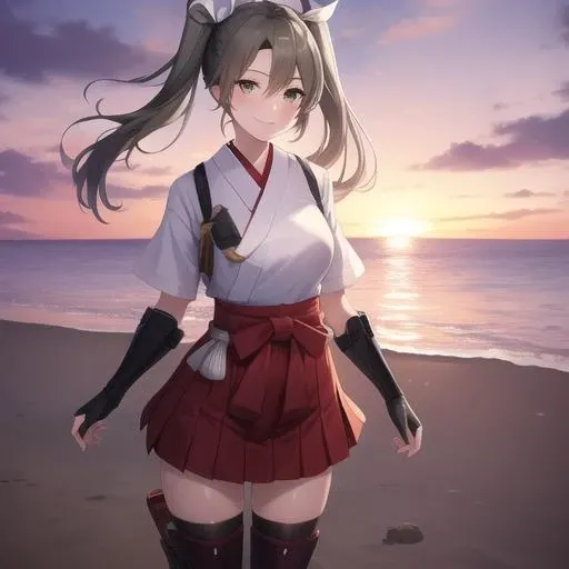 (masterpiece, best quality:1.2),illustration,8k,hd,beautiful purple sunset at beach,1girl,solo,cowboy shot,long_hair,twintails,ribbon,hair_ribbon,green_hair,green_eyes,smile,white_ribbon,muneate,hakama_short_skirt,hakama_skirt,japanese_clothes,skirt,gloves,thigh_boots,thighhighs,tasuki,partially_fingerless_gloves,grey_hair,red_hakama,<lora:Zuikaku(kan)>,