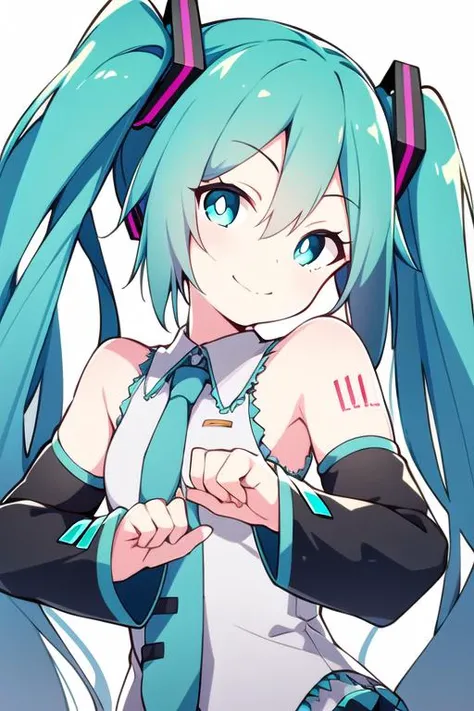 1 girl, hatsune miku, upper body, closed mouth, light smile, round pupils, simple background, <lora:ixy:0.6> <lora:quan-style-v2-000020:0.4>