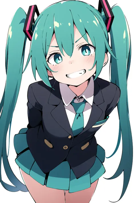 masterpiece, best quality, 1girl, solo, dynamic pose, cowboy shot, hatsune miku, green eyes, green hair, twintails, school uniform, bent over, arm behind back, evil smile, grin, from above, looking up, 
<lora:ixy:1>, simple background,