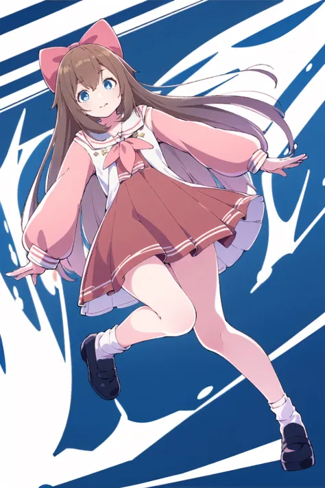 masterpiece, best quality, 1girl, solo, <lora:jiaran:0.8>, jiaran, (official dress:1.5), blue eyes, brown hair, pink hair bow, jacket, neckerchief, long hair, brown skirt, white socks, dynamic pose, simple background, dynamic angle, floating hair, full body,
<lora:ixy:1>, simple background,