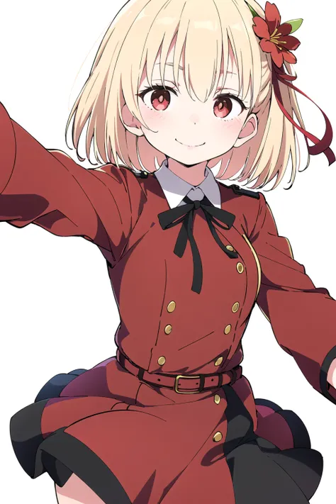 masterpiece, best quality, 1girl, solo, cowboy shot, red_jacket, ribbon, red_eyes,blond hair,short hair,hair_ribbon,smile, <lora:lycorisRecoil_chisatoV10:0.6>, lycoris flower, black background, reaching towards viewer, selfie,
<lora:ixy:1>