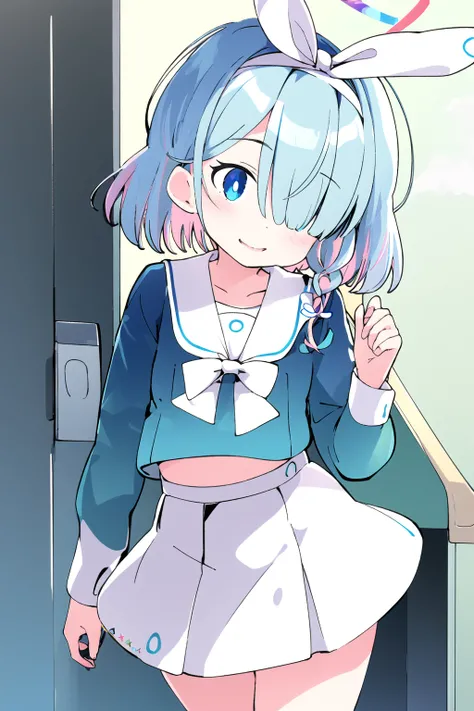 masterpiece, best quality, 1girl, mechanical halo, solo, short hair, single braid, school uniform, blue shirt, long sleeves, white bowtie, white choker, white hairband, white sailor collar, white skirt, long skirt smile, blush, looking at viewer, midriff, <lora:aronaBlueArchive_v1:1>,
<lora:ixy:1>, simple background,