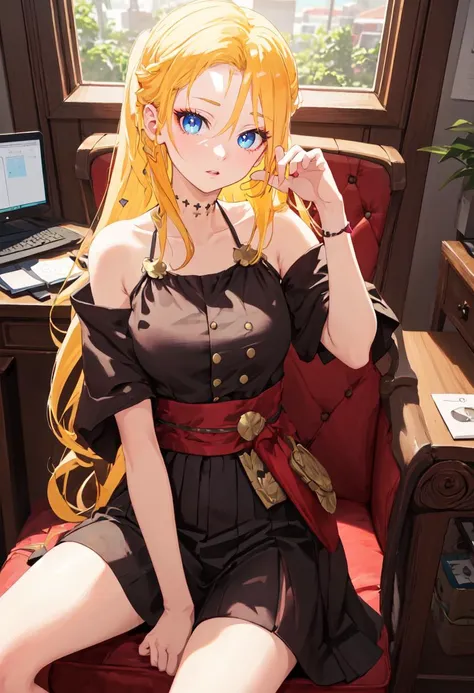 (safe:1.10), best quality, masterpiece, highres, solo, (pina_bluearchive:1.10), sitting, sitting on chair, chair, cowboy shot, looking at viewer, 22 <lora:pina_bluearchive:0.80>