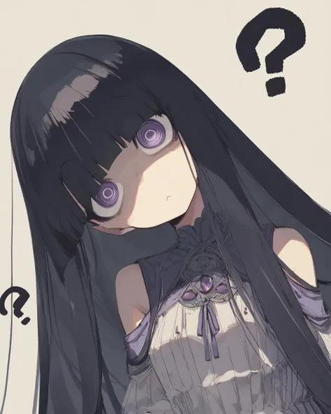 score_9, score_8_up, score_7_up,  masterpiece, best quality, BREAK 1girl, @_@, big round eyes, white pupils, black hair, blunt bangs, hime cut, very long hair, hair over shoulders, hair over one eyes, purple eyes, crazy eyes, head tilt, ?, intricate ornamental and detailed dress, <lora:maeshima_ryo_style_xl_v1>,