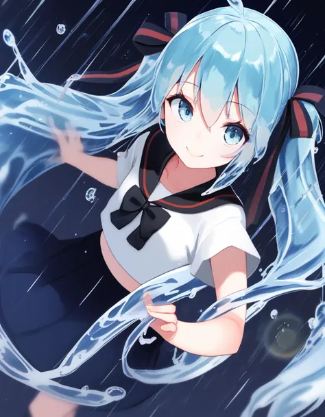 score_9, score_8_up, score_7_up,  <lora:vocaloid_bottlemiku_ponyXL:.8>bottlemiku, liquid hair, twintails, hair ribbon, fish,school uniform, serafuku, white shirt, black bow, short sleeves, black skirt, midriff, summer, rain, lens flare, looking at viewer, from above, smile, dutch angle, black background,  <lora:maeshima_ryo_style_xl_v1:1>