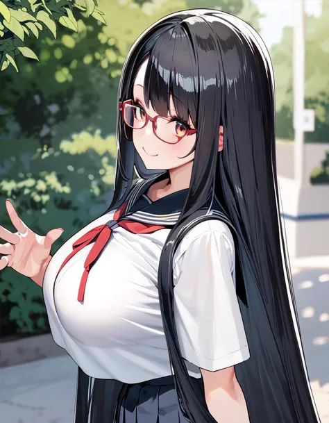 score_9, score_8_up,score_7_up,score_6_up, a girl is in a park, from side, very long hair, black hair, large breasts, school uniform, long pleated skirt, red-framed eyewear, looking at viewer, smile <lora:maeshima_ryo_style_xl_v1:1.3>