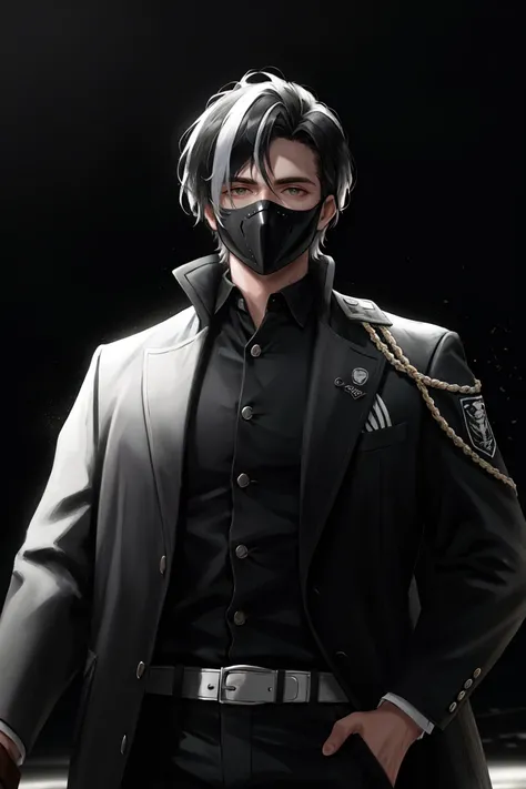 man, (dual tone art, black and white), simple, ([hyper realistic:(unreal engine):realistic:,0.5,0.99:bezier]:0.8), (masked man, two faced, two-tone hair, white mask:1.2), looking at viewer, (handsome man), upper body, (business suit:1.2), (black background, gradient:1.4), (volumetric lighting), atmospheric perspective, dust particles, light shaft
