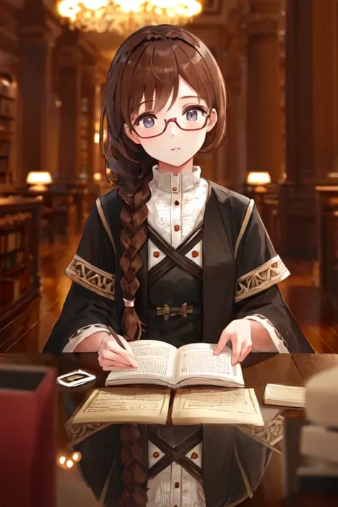1girl, cinnamon brown hair, braided ponytail, low ponytail, clear circular glasses, grand library, sitting at a desk, reading a book, bokeh, depth of view, blurry library background, roman pillars and mahogany wood furnishings, 64K, f1.2, 800mm, UHD, dynamic lighting
