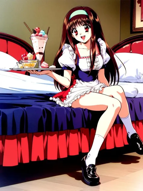 <lora:YuukiMizuho:0.8> 		YuukiMizuho, 1girl, waitress, solo, parfait, long hair, hairband, brown hair, socks, red eyes, tray, open mouth, food, full body, skirt,  short sleeves, shoes, smile, ice cream, holding, apron, sundae masterpiece, best quality, 4k, 8k, 1990s (style), retro artstyle, hotel room, hotel bed, 
masterpiece, high quality, very_high_resolution, large_filesize, full color,