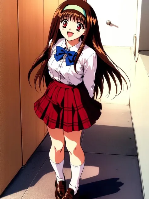 <lora:YuukiMizuho:0.8>,  YuukiMizuho, 1girl, solo, long hair, hairband, red eyes, brown hair, school uniform, skirt, open mouth, arms behind back, long sleeves, full body, socks, smile, shoes, holding, red skirt, 1990s (style), looking at viewer, loafers, bow, retro artstyle, pleated skirt, school briefcase, standing, briefcase, :d
masterpiece, high quality, very_high_resolution, large_filesize, full color,