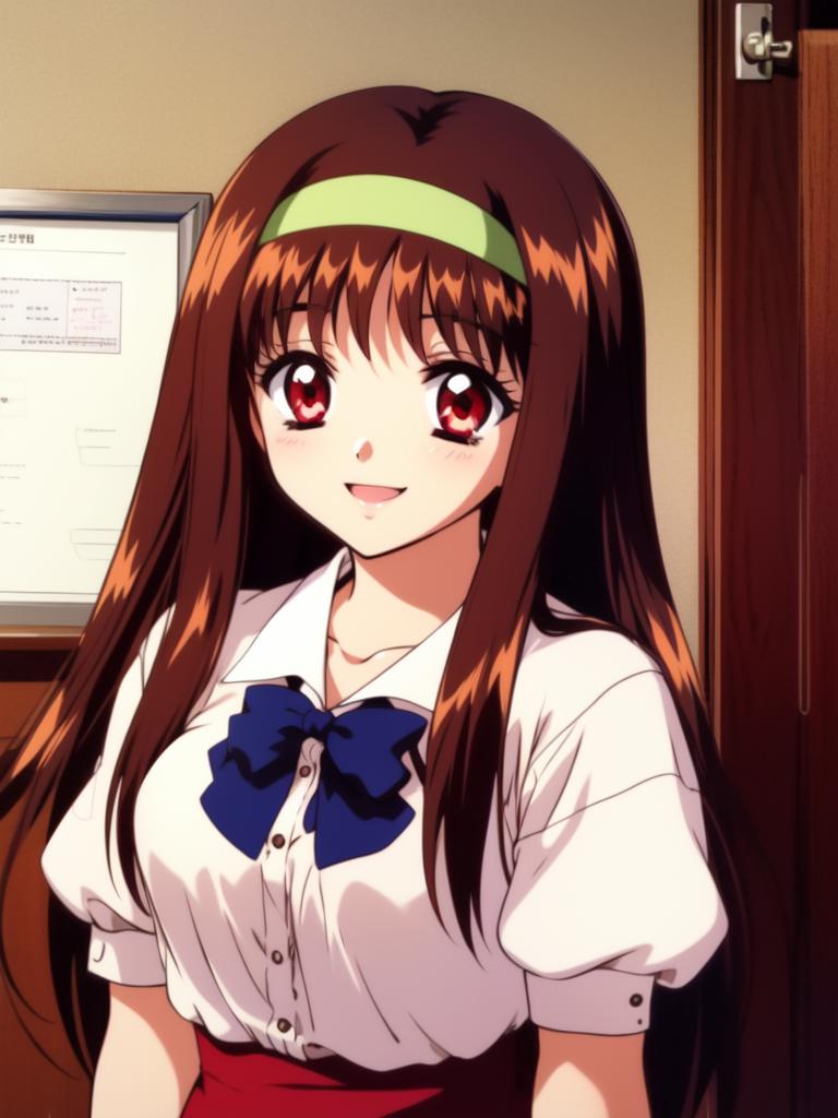 Anime girl with long brown hair and a white shirt and red skirt - SeaArt AI
