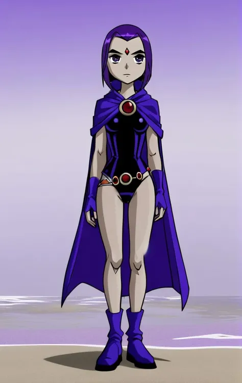 ohxw, rave12, <lora:1raven-000004:0.9> walking on a beach, full body, cartoon, 2d, sharp, petite, cape and a purple cape