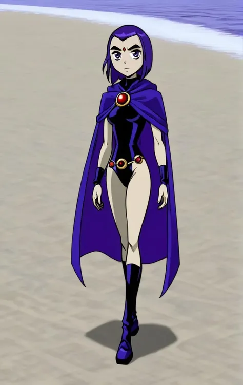 ohxw, rave12, <lora:1raven-000004:0.9> walking on a beach, full body, cartoon, 2d, sharp, petite, cape and a purple cape