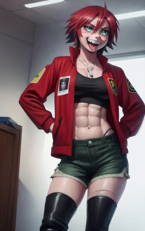 Best quality, masterpiece, ultra high resolution,((full body)),anime, by pixelsketcher, <lora:zombina-monmusu:1>,zombina, red jacket, fur trim, green shorts, black shirt, dog tags, midriff, looking at viewer,human,green shorts,boots,red hair,((stitches:1.5,face shadow,sticking out tongue)),female,abs,(grin),slightly open mouth,fangs,detailed face,sitting in a office