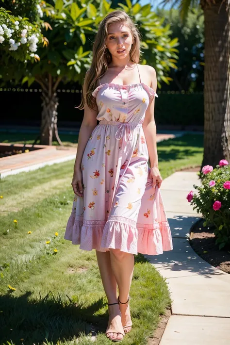 lenapaul, a woman wearing a full-length summer dress in the garden <lora:lenapaul:1>
