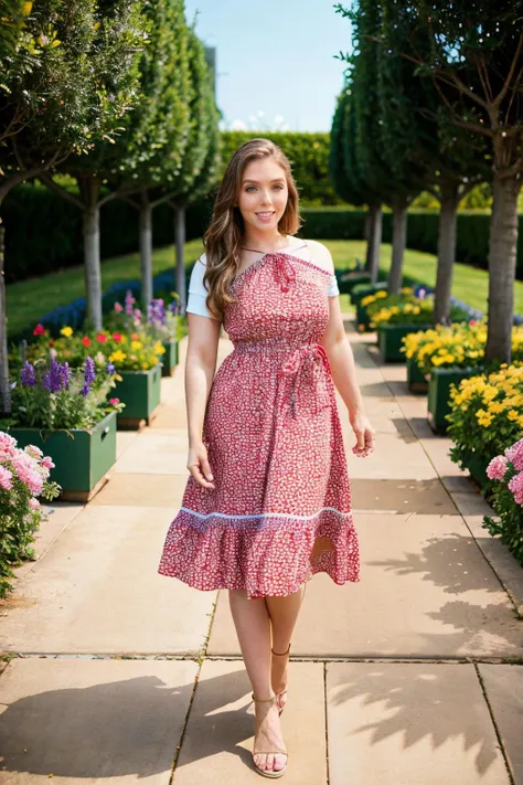 wearing a white plaid dress and a fake bikini, taking studio photos, flower garden scenes,