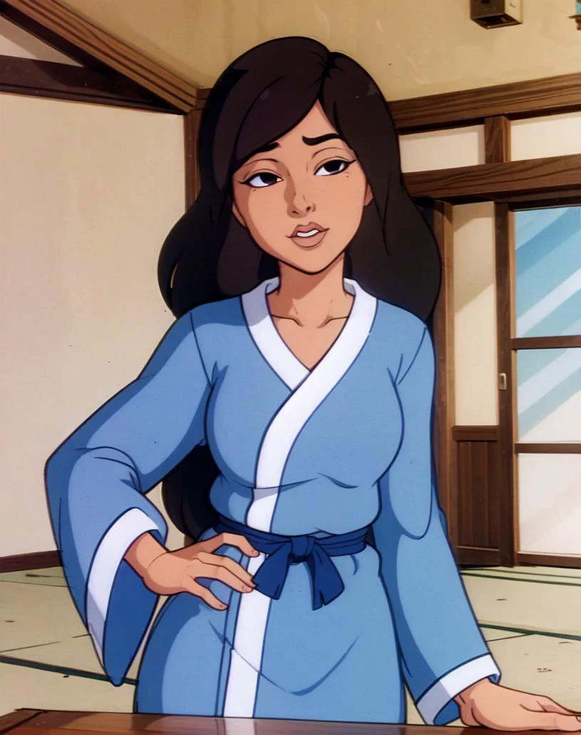 Lotus Blossom, wearing a blue robe, upper body, indoors, Japanese house (best quality:1.2) <lora:Lotus:.75>