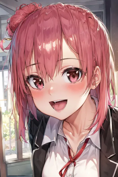 masterpiece, best quality, detailed, 1girl, portrait, close portrait, close-up, looking at viewer, open mouth, school uniform, smile, solo, solo focus, <lora:YuigahamaYuiV1:0.7>, yuigahama yui, indoors, red ribbon, dutch angle, pink hair
