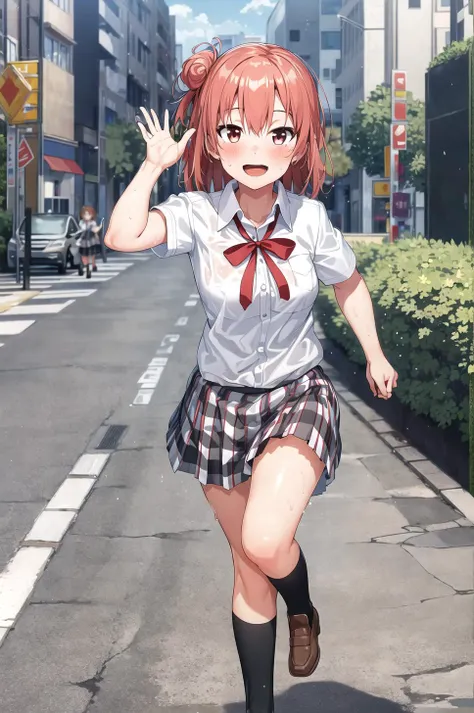 masterpiece, best quality, detailed, 1girl, running, full body, waving, looking at viewer, open mouth, school uniform, smile, solo, <lora:YuigahamaYuiV1:0.7>, yuigahama yui, outdoors, sweat, (wet shirt:0.6), street, detailed background, city, traffic light, plaid skirt