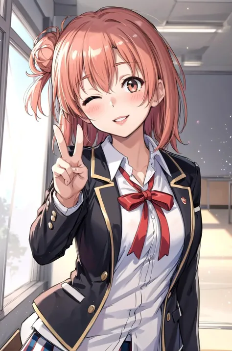 (masterpiece, best quality, detailed), 1girl, solo, blush, classroom, indoors, light particles, looking at viewer, parted lips, smile, sunlight, upper body, window, one eye closed, head tilt, dutch angle,
yuigahama yui, school uniform, white shirt, neck ribbon, plaid skirt, blazer, open jacket, peace sign <lora:YuigahamaYuiV2_3-000005:1> <lora:more_details:0.2>