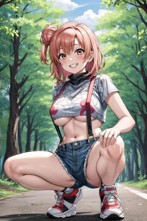 (masterpiece, best quality, detailed), 1girl, solo, squatting, day, forest, grin, looking at viewer, full body,
yuigahama yui, denim shorts, suspenders, crop top, sneakers, underboob, turtleneck, <lora:YuigahamaYuiV2_3-000005:1> <lora:more_details:0.4>