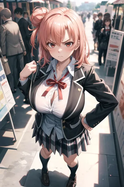 (unparalleled masterpiece, best quality, ultra detailed), incredibly absurdres, {Extremely Detailed CG, Unity 8k Wallpaper, 3D, Cinematic Lighting, Lens Flare} 8k, sunny, summer, festival, shops, 1girl, hands on hips, , scolding, angry, mad, frown,, center opening, (breast focus, closeup, from above)
yuigahama yui,  school uniform, white shirt, blazer, neck ribbon, open jacket, plaid skirt, kneehighs, fully clothed, <lora:YuigahamaYuiV2_3:1> wide hips,  mature female, gigantic breasts,   <lora:more details:0.6>,