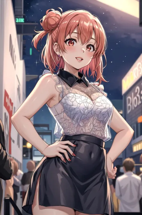 (masterpiece, best quality, detailed), 1girl, solo, cowboy shot, light smile, parted lips, red carpet, crowd, from below, night, neon lights, makeup, hand on hip,
yuigahama yui, earrings, collared shirt, sleeveless shirt, black skirt <lora:YuigahamaYuiV2_3-000005:1> <lora:more_details:0.3>