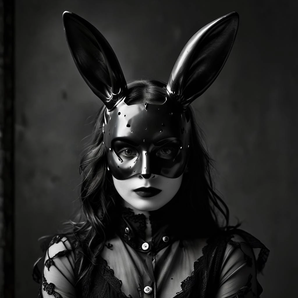 (fullbody:1.2)Best picture quality ,(masterpiece:1.4),(realistic:1.3), finely detailed, quality, Rembrandt lighting,a woman is wearing a black rabbit mask mask, in the style of ellen von unwerth, imaginative shapes, joel robison, monochromatic color scheme, kidcore, picassoesque, eye-catching,image take by Cath Simard, ultra-detailed, high quality, high contrast,,Hasselblad H6D-100c 85mm f/1.8, realistic eyes, detailed eyes,, (depth of field: 1. 6), f1. 5, 85mm,,Sexy Vibes,Masterpiece,Award Winning Photography, <lora:add-detail-xl:1>, <lora:mjv6:0.8>