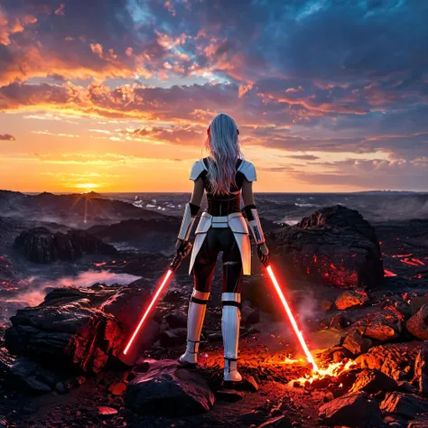 <lora:mjv6:0.8>fullbody ((masterpiece,best quality)), <lora:Roxy_Citron_OC_AnyLora:0.6>, beautiful eyes, Roxy_Citron_OC, 1girl, solo, red eyes, white hair, rainbow hair, long hair, streaked hair, hair between eyes, smile, woman dressed in sthoutfit, on lava, holding lightsaber <lora:sthoutfitV2:0.6>,highly detailed, highly detailed background, 16k UHD, hasselblad 100C, 50.0mm, f/2.8, 1/250s, ISO 500 <lora:xl_more_art-full_v1:0.8>
