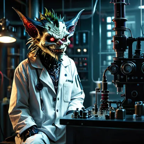 ((fullbody:1.3))<lora:mjv6:0.8>Demon scientist, intricate lab background, creepy grin, sci-fi horror, grotesque, horrifying, eerie, scarycore, horrorcore, demoncore, masterpiece, anime style, spine chilling, hyperdetailed, photorealistic, dynamic lighting, inspired by pinterest art and nijijourney, niji style, best quality, best quality, highly detailed background, 16k UHD, hasselblad 100C, 50.0mm, f/2.8, 1/250s, ISO 500 --c 11 --s 66