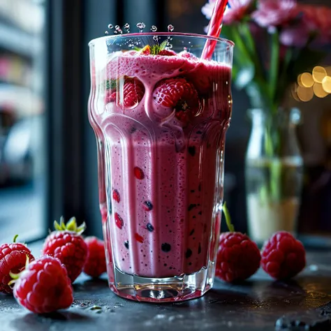 Hyperrealistic image of a raspberry smoothie in a tall glass, a (woman torso:1.1) shaped like a water elemental emerges from the froth, plastic straw. The scene is set in a french cafe in the morning. Realism pushed to extreme, vibrant, highly detailed,highly detailed background, 16k UHD, hasselblad 100C, 50.0mm, f/2.8, 1/250s, ISO 500 <lora:mjv6:0.8>