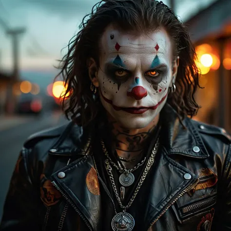 (fullbody:1.2)Best picture quality ,(masterpiece:1.4),(realistic:1.3), finely detailed, quality, Rembrandt lighting,terrifier the clown wearing a leather jacket with patches on fire (Wearing a hatchet man necklace),Realistic Demonic facial features, riding a Harley Davidson motorcycle on a Californian road at dusk, Gorgeous Scenery,Voodoo aesthetics,image take by Cath Simard, ultra-detailed, high quality, high contrast,,Hasselblad H6D-100c 85mm f/1.8, realistic eyes, detailed eyes,, (depth of field: 1. 6), f1. 5, 85mm,,Sexy Vibes,Masterpiece,Award Winning Photography, <lora:add-detail-xl:1>, <lora:mjv6:0.8>
