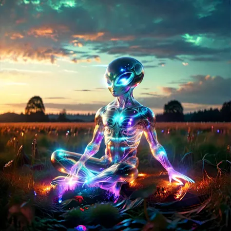Person sitting in a field at dusk, looking up at an illuminated figure that appears to be floating in the air, An individual is sitting on the ground, resting his chin on his hand, appearing to be thoughtful or amazed.An individual is sitting on the ground, There is an illuminated, ethereal figure that appears to be floating in the air in front of the seated individual; emits a bright light.,psychedelic art Dystopian , horror,DMT,LSD,A distorted perception of self, highly detailed background, 8k,Canon EOS 60D, 50.0mm, f/2.8, 1/250s, ISO 500 <lora:more_details:1.4> <lora:bigeyes-xl-v1:1.2>, ufo, alien, cathedral, ultra high resolution, 16k uhd, <lora:mjv6:0.8> <lora:bigeyes-xl-v1:0.8> big eyes, anime eyes <lora:DonMSp3ctr4lXL-000008:0.8> DonMSp3ctr4lXL --c 11 --s 66