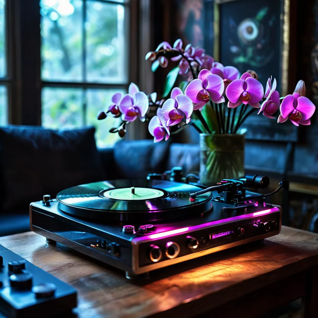(fullbody:1.2)Best picture quality ,(masterpiece:1.4),(realistic:1.3), finely detailed, quality, Rembrandt lighting,
A stunning psychedelic image of a record player sitting on a table with orchids around and ((mushrooms growing)) and NeonBlack lighting.Ultra high resolution,32k uhd,Cinematic,Larry Carlson ,Masterpiece,,image take by Cath Simard, ultra-detailed, high quality, high contrast,,Hasselblad H6D-100c 85mm f/1.8, realistic eyes, detailed eyes,, (depth of field: 1. 6), f1. 5, 85mm,,Sexy Vibes,Masterpiece,Award Winning Photography, <lora:add-detail-xl:1>, <lora:mjv6:0.8>