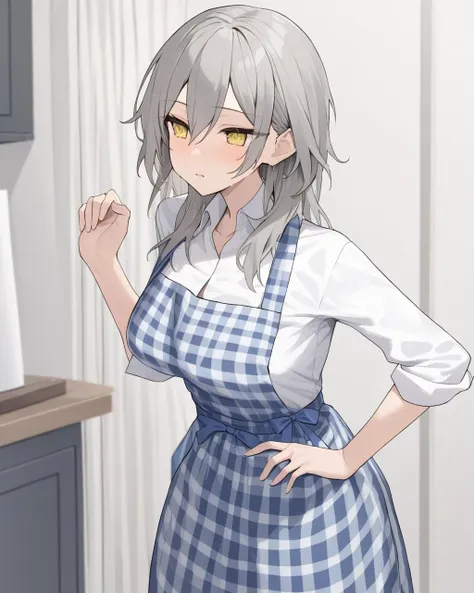 <lora:xl_Stelle(kohaku_delta):1>,stelle is a girl with long gray hair and yellow eyes,blue_gingham_apron,blue_bow,white_shirt,blue_skirt, masterpiece, best quality,