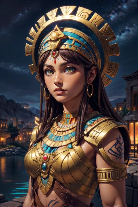 half portrait, Best quality, masterpiece, ultra high res, (photo realistic:1.4), surrealism, dream-like,
Cleopatra in ancient Egypt, absurdly long hair, starry sky, night,stars, galaxy, flower,