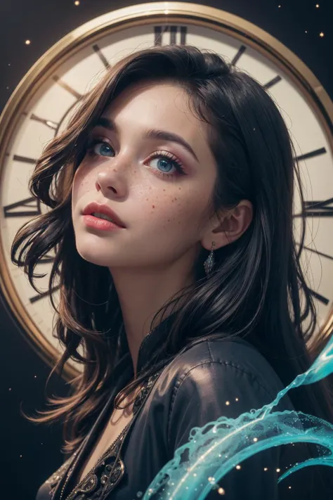 8k uhd, (best quality:1.2), (masterpiece:1.2), very detailed, intricate details, hyper detailed, <lora:realistic:0.3>, <lora:sharpen-soften:-0.25>,
1 girl, adult german woman, freckles, turquoise eyes, black prom hairstyle,
(style-swirlmagic:1.0), solo, half shot, looking up, detailed background, detailed face, (dystopian futuristic theme:1.1) glowing eyes, (time sorcerer:1.1), eternity, mesmerizing, swirling patterns, clock, energy, bloom light aura, clock-face in background, ethereal atmosphere,