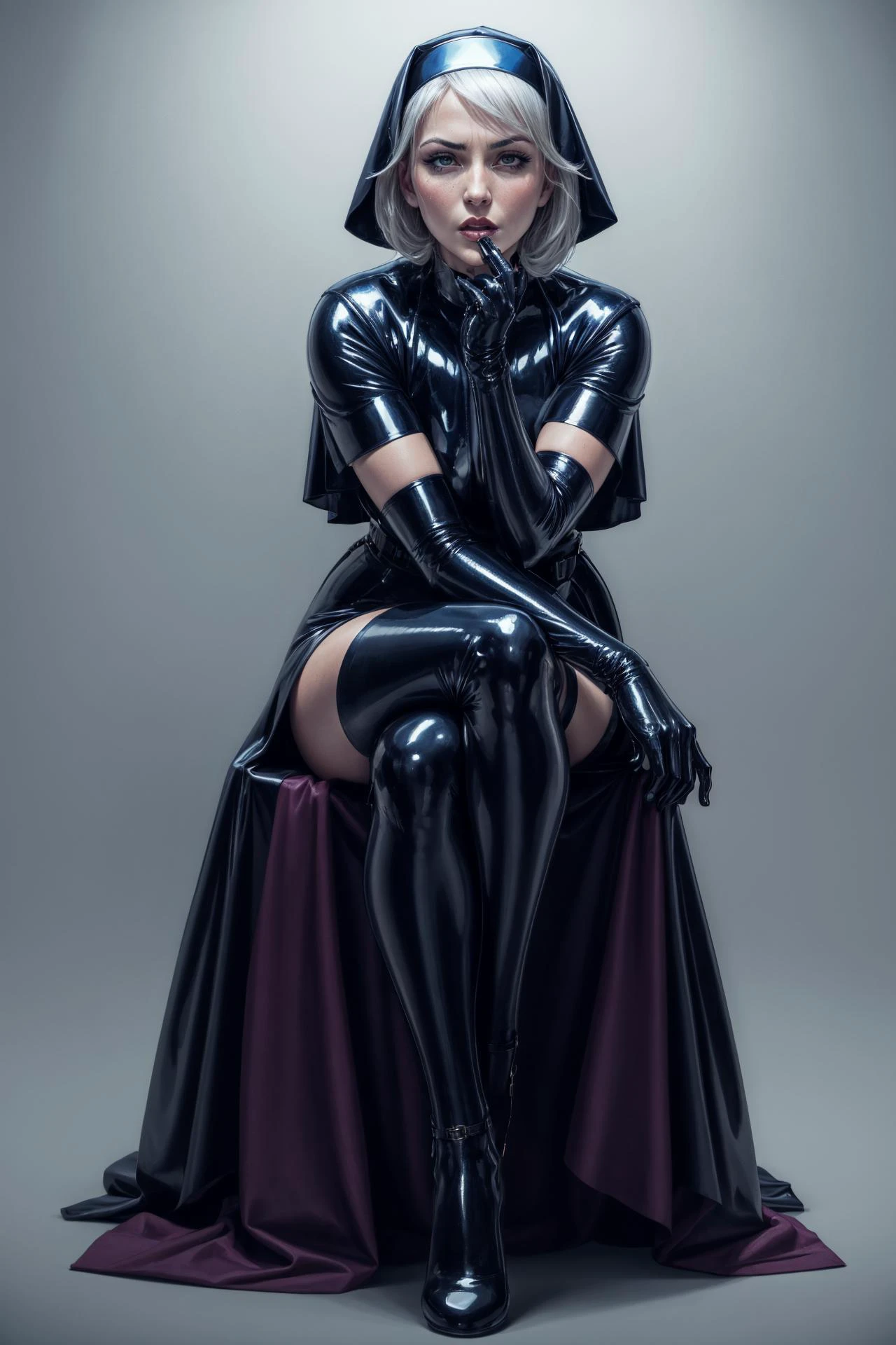 nsfw,sexy,revealing,beautiful mature nun,wears latex nun dress,latex stockings and gaterbelt,
dominant,arrogant facial expression,sweaty skin,
dark cold colors,plain background,
<lora:sharpen-soften:-0.5>,<lora:realistic:0.5>,<lora:more_details:0.5>,