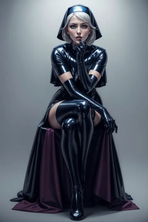 nsfw,sexy,revealing,beautiful mature nun,wears latex nun dress,latex stockings and gaterbelt,
dominant,arrogant facial expression,sweaty skin,
dark cold colors,plain background,
<lora:sharpen-soften:-0.5>,<lora:realistic:0.5>,<lora:more_details:0.5>,