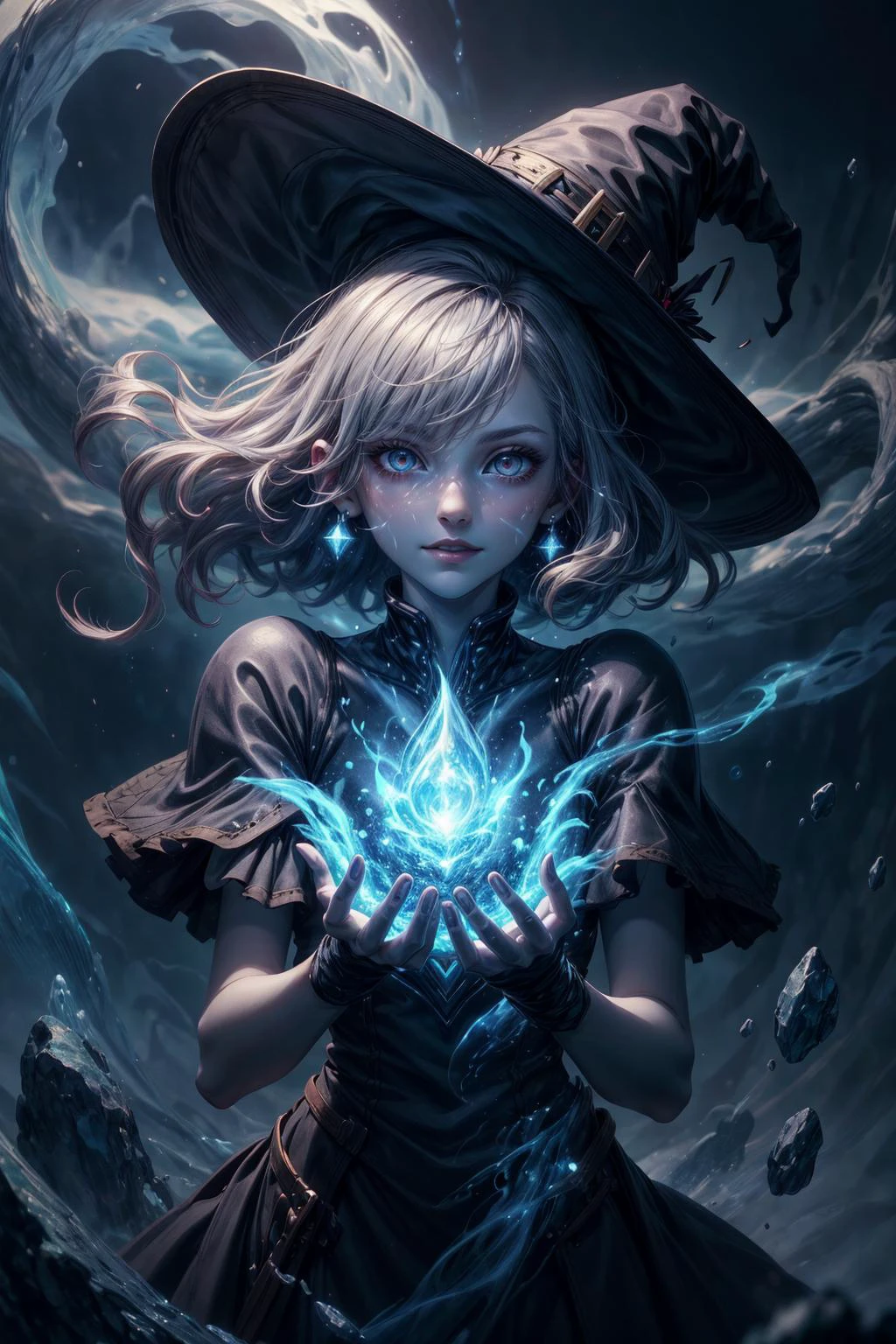 (extremely detailed:1.3), (masterpiece:1.3), illustration, Intricate illumination, Fine shadows, sharp focus, ((best quality)), <lora:more_details:1>, <lora:sharpen-soften:-0.25>, <lora:realistic:0.25>,
1 girl, adult jewish woman, silver eyes, gray lob hair,
portrait, looking up, solo, (full body:0.6), detailed background, (<lora:Unholy:0.5>, Sc3pt4, scifi theme:1.1), light smile, witch hat, witch, magical atmosphere, hair flowing in the wind, yellow trimmed light colored clothes, dynamic pose, whirlwind of swirling elemental spell in the air, dark magic, (style-swirlmagic:0.8), floating particles, frozen landscape background, dim light,
<lora:fantasy00d:0.3>,