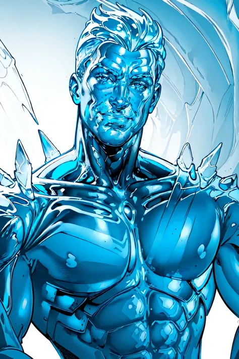 <lora:AdamHughesStyleV5:0.95> <lora:Iceman-RLouisDrake:0.95> Robert Louis Drake, solo, smile, short hair, simple background, 1boy, white background, closed mouth, monochrome, upper body, male focus, muscular, hero pose, pectorals, muscular male, veins, blue theme, ice statue, intricate details, masterpiece, absurdres, best quality, realistic, Highest Quality, (diffused soft light), dramatic lighting <lora:made_of_ice:0.25>