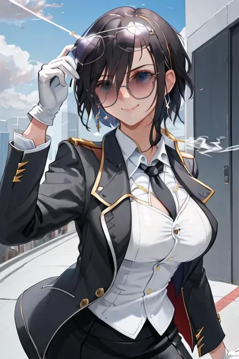 best quality, masterpiece, highres, solo, {black business suit:1.40}, {tie:1.20}, {sunglasses:1.25}, {white gloves:1.15}, {white shirt:1.10}, {black skirt:1.15}, {smoking:1.20}, handsome, {ark_royal_azurlane:1.15}, blue_eyes, black_hair, short_hair, breasts, large_breasts, cleavage, hair_over_one_eye, smile, bangs